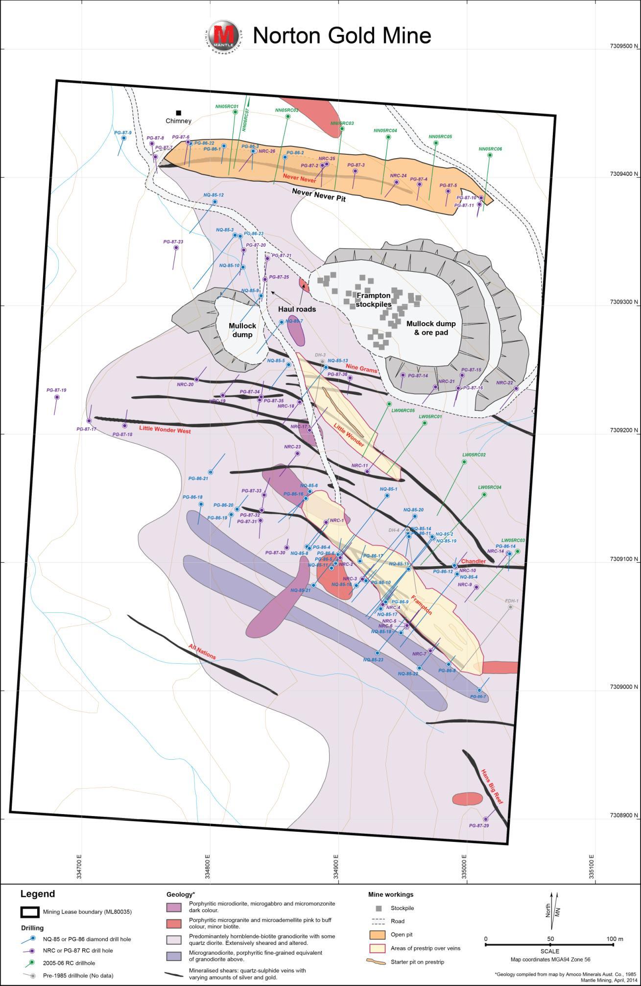 Map showing historical drillhole locations within ML 80035