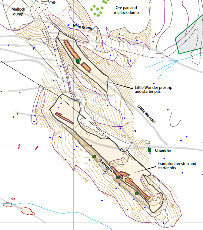 Norton Gold Project pit design showing Never Never, Frampton and Chandler shear locations